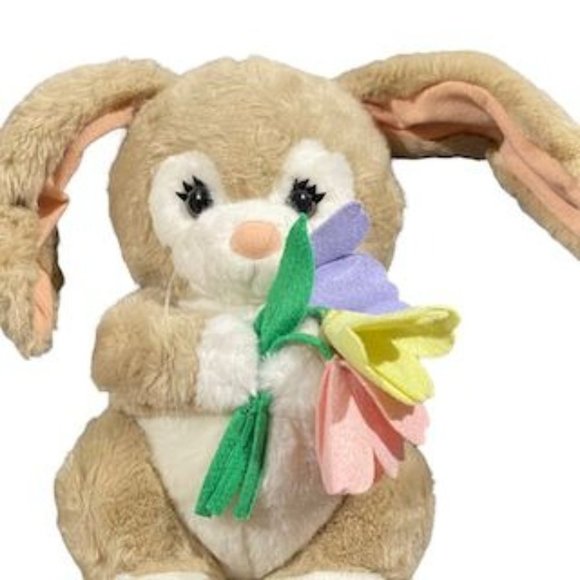Dakin "tulip tickle bunny" tan plush rabbit holding flowers, wired lop ears 12" - Picture 6 of 10
